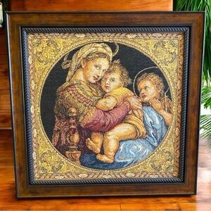 VINTAGE Italian Framed Tapestry – Madonna and Child – 15 1/4” x 14 3/4”